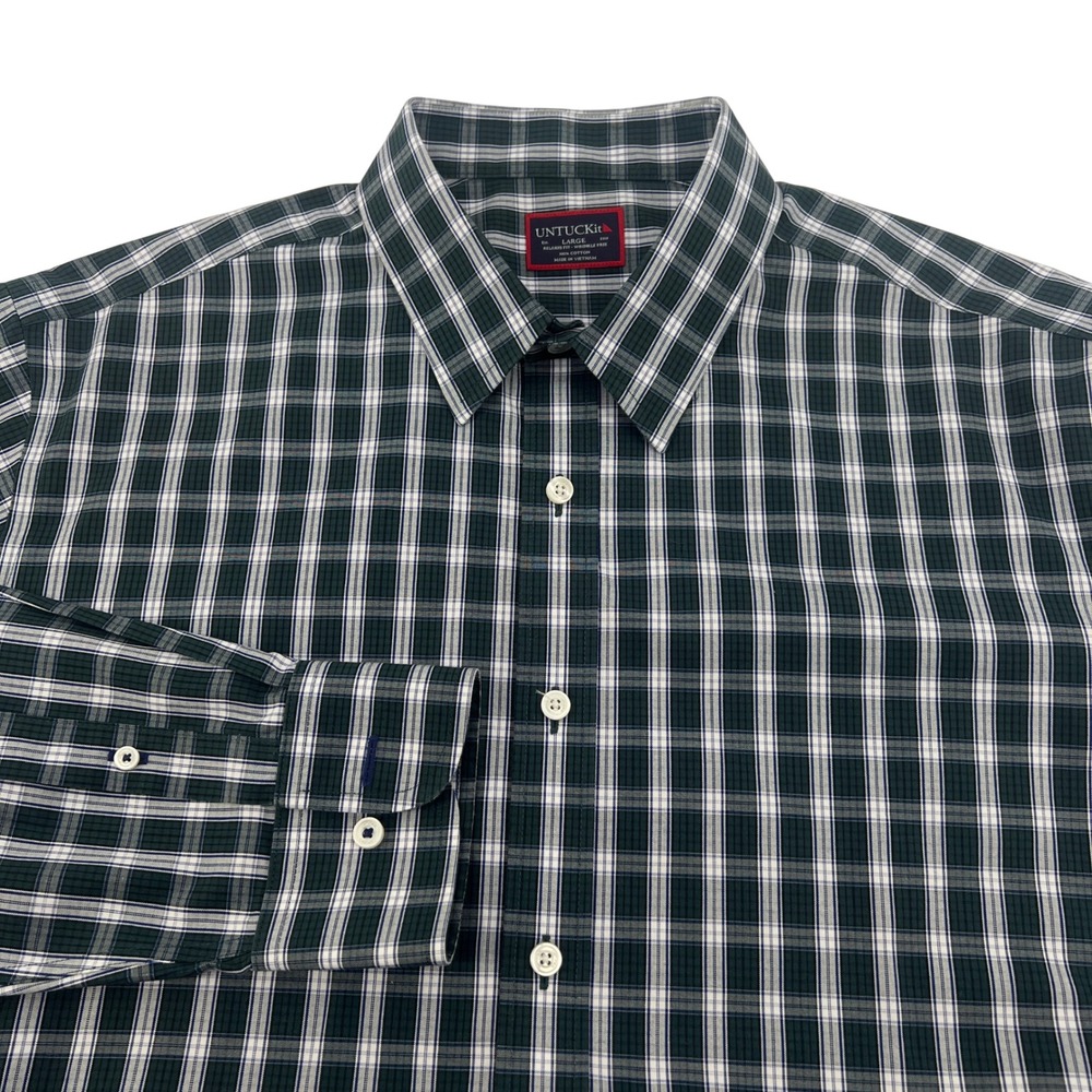 UNTUCKit Mens Large Relaxed Fit Wrinkle Free Plaid Button Down Shirt Green White